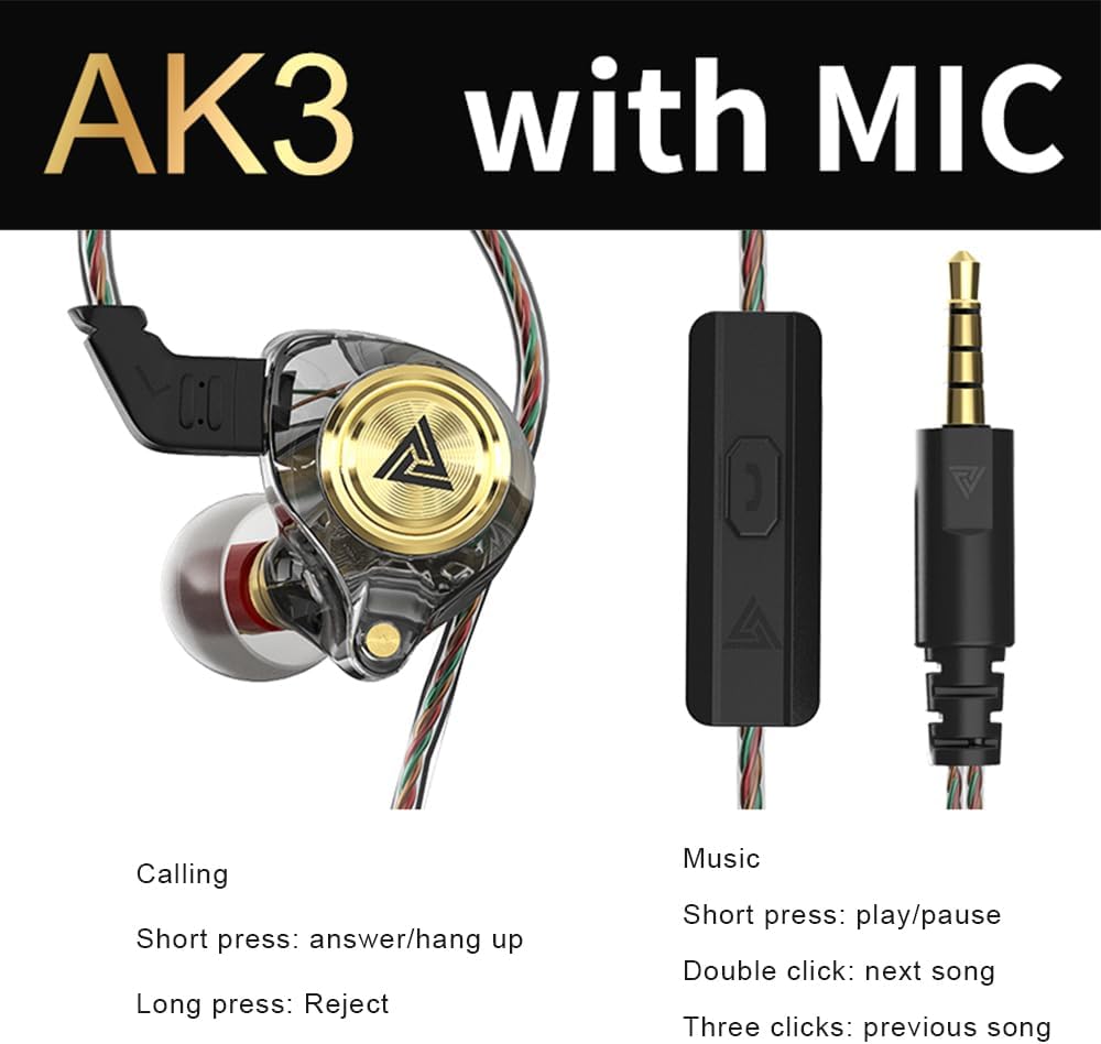 Wired Gaming Earbuds, Ak3file in Ear Monitors, Deep Bass Sound Wired Earbuds, HiFi in Ear Headphones with 1DD 10mm Dynamic Driver, IEM for Music Gaming Video Calling (Black)