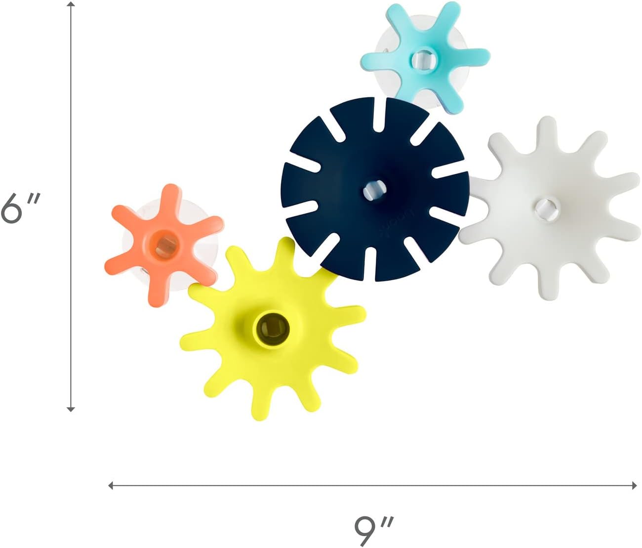 Boon Cogs Baby Bath Toys - Spinning Gear Themed Sensory Baby Toys for Bathtub - Suction Toys for Bathtub Walls - Navy and Yellow - 5 Count - Ages 12 Months and Up
