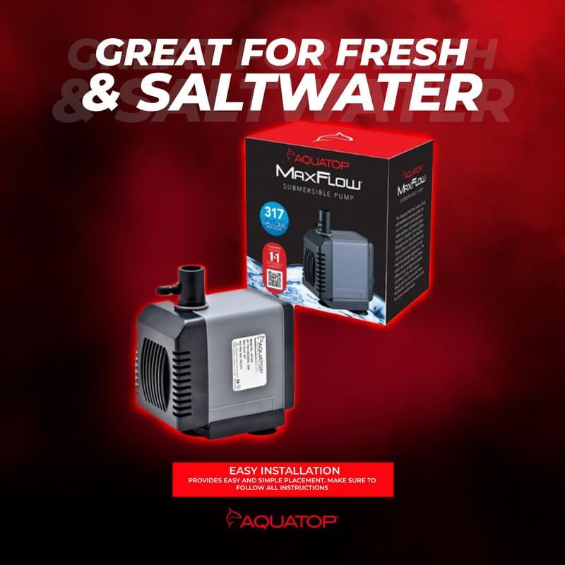AQUATOP NP-305 Submersible Water Pump – 317 GPH Adjustable Flow – Compact Aquarium Pump for Fresh or Saltwater Tanks, Ponds & Fountains – Quiet, Powerful Design