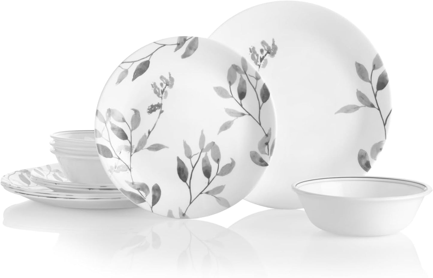 Corelle 12-Piece Vitrelle Misty Leaves Chip and Break Resistant Dinner Set, Grey
