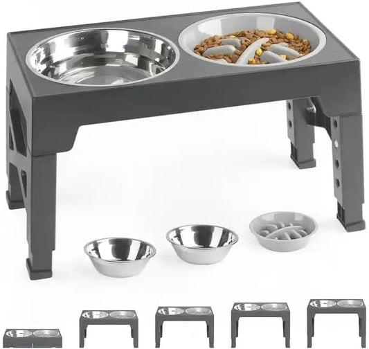 Omega Sun Elavated Dog Bowls, Raised Dog Bowls, 5 Adjustable Heights Raised Dog Bowl Stand with 2 Stainless Steel Dog Food Bowls with 2 Stainless Steel for Dog and pet Feeder for All Breeds