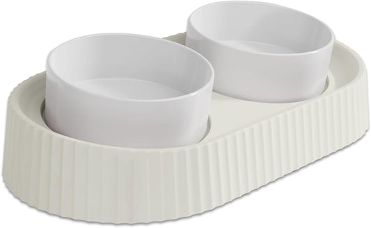 Ceramic Elevated Cat Bowls 15° Tilted Raised for Indoor Cat Anti Vomiting Food and Water Bowl Set Dog Bowls for Small Dog Whisker Fatigue Pet's Dishes (White)