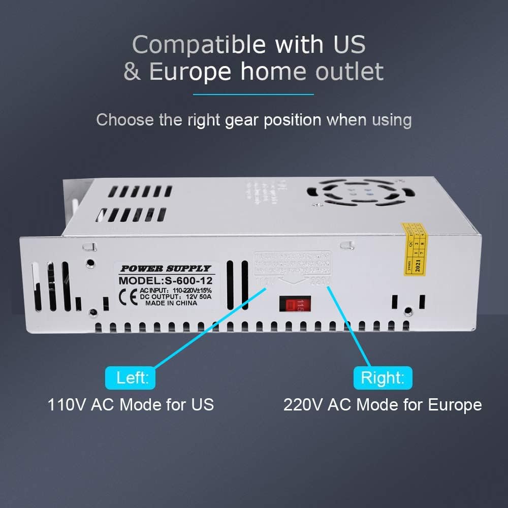 50A 600W 12V DC Power Supply, Universal Regulated Switching AC 110V/220V to DC Converter (SMPS) Transformer Driver Adapter for LED Strip Lights, CCTV Camera System, 3D Printer, Radio, Computer Project