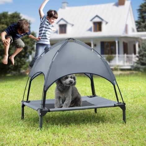 Small Elevated Dog Bed with Canopy - Upgraded 30IN Outdoor Raised Dog Cot Bed with Removable Shade Tent, Pet Cot Gray(S Size)
