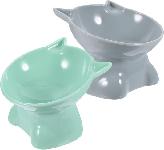 Milisten 2pcs Elevated Cat Feeding Bowls Plastic Raised Pet Food Dishes with Neck Protection Slanted Design for Cats and Small Dogs in Blue Gray and Green