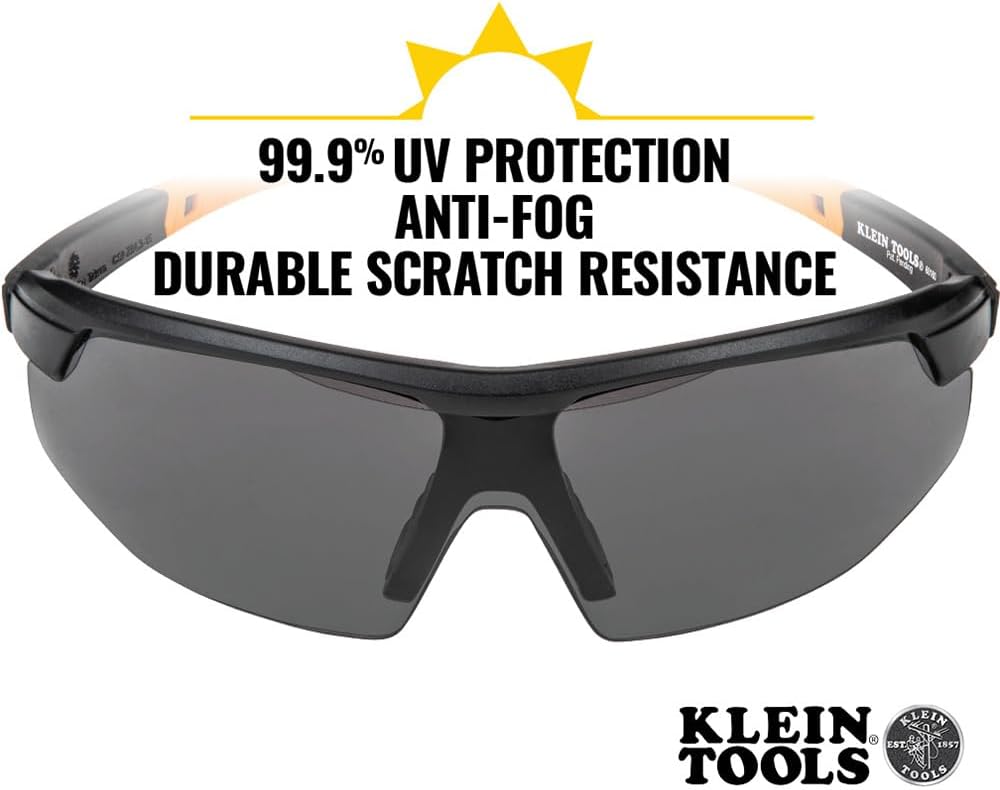 KLEIN TOOLS 60160 Safety Glasses, PPE Protective Eyewear with Semi Frame, Scratch Resistant and Anti-Fog, Gray Lens
