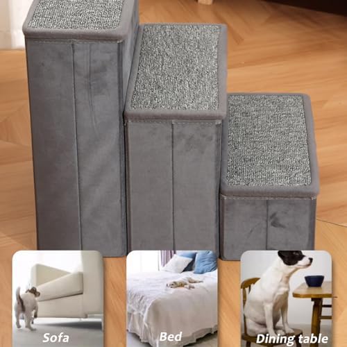 Foldable 3-Step Pet Stairs with Hidden Storage, Non-Slip Soft Plush Steps for Dogs & Cats, Lightweight & Sturdy, Supports Up to 150 Lbs for Beds & Sofas
