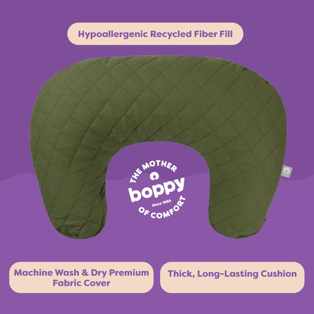 Boppy Nursing Pillow - Ergonomic Bottle & Breastfeeding Pillow with High, Firm, Large Area, Water-Repellent Cushion with Washable Cover; Baby Safety Alliance Verified - Quilted Moss