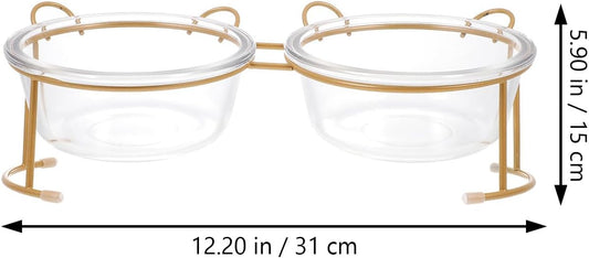 PRETYZOOM Glass Double Raised Cat Food Bowl with Bright Gold Stand, Household Glass Dog Bowl for Pets, Elevated Pet Feeding Station for Cats and Dogs