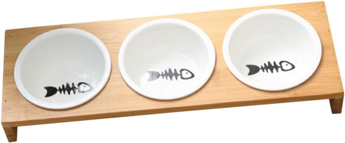 PRETYZOOM Ceramic Cat Dog Food Bowl Set with Raised Stand, 3-Compartment Pet Feeding Dish for Indoor Use, Portable Water and Food Container for Cats and Puppies