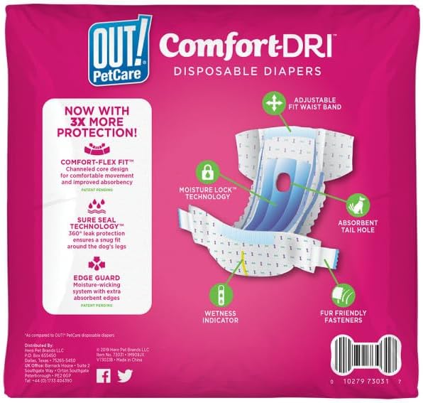 Out! PetCare Disposable Dog Diapers Female, Potty Training, Dog Diapers, Female Doggie in Heat, Puppy Training, Incontinence, Puppy Essentials 9”-14” Waist (Toy, 32ct)