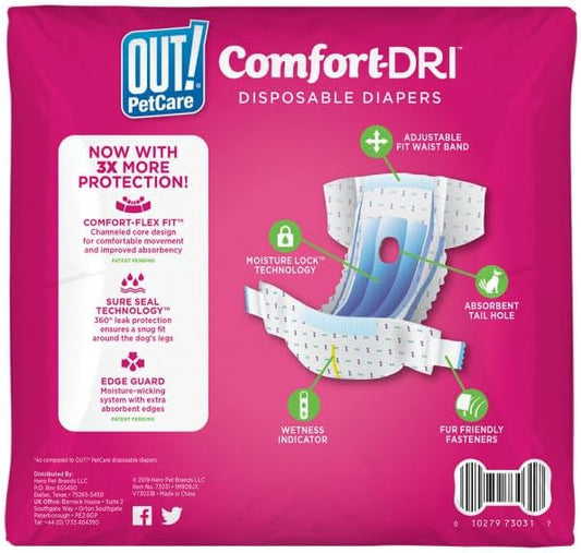 Out! PetCare Disposable Dog Diapers Female, Potty Training, Dog Diapers, Female Doggie in Heat, Puppy Training, Incontinence, Puppy Essentials 9”-14” Waist (Toy, 32ct)