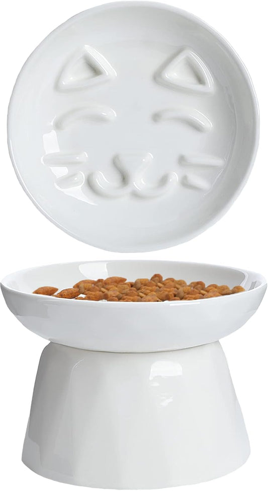 Raised Slow Feeder Cat Bowl, Ceramic Elevated Cat Slow Feeder, Healthy Eating for Wet & Dry Food, Sturdy & Grippy, Pet Puzzle Food Plate, Prevent Vomitting Indigestion, Dishwasher Safe