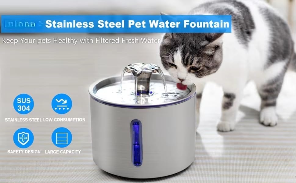 Cat Water Fountain Stainless Steel 84oz/2.5L, Automatic Pet Fountain with LED Water Level Indicator, Auto Power-Off & Ultra-Quiet Pump, 304 SS Water Dispenser for Cats and Dogs