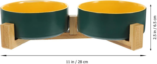 Milisten Ceramic Cat Bowls with Matte Dual Color Finish and Wood Stand, Small Raised Pet Feeding Bowl Set for Cats and Kittens, Floor Food and Water Dishes