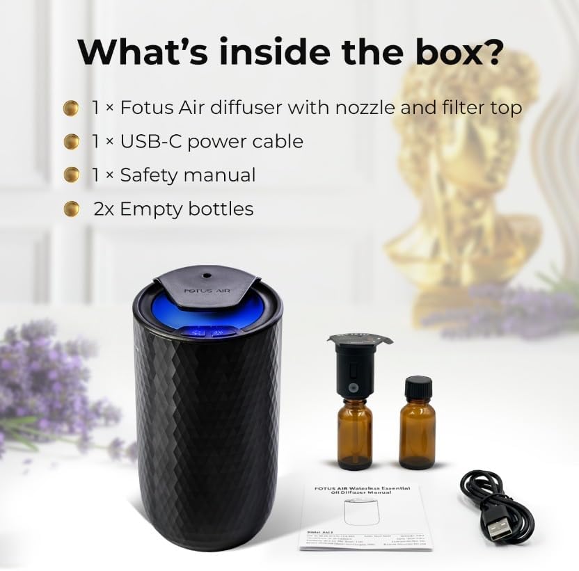 Waterless Essential Oil Diffuser – Portable Cordless Aromatherapy Diffuser for Home, Car, Office – 3 Mist Levels - 4 Timer Modes - 15ml Oil Capacity - USB-C Rechargeable