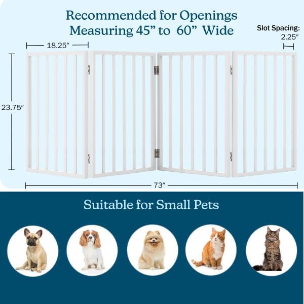 PETMAKER 애완동물 게이트 - 출입구, 계단 또는 집을 위한 반려견 게이트 - 자립형, 접이식, 아코디언 스타일, MDF 실내 반려견 나무 울타리(4 패널, 화이트)