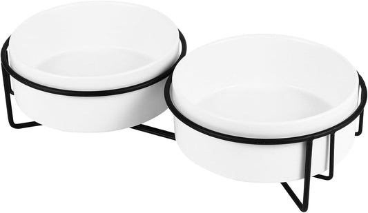 Milisten Double Ceramic Pet Feeding Bowls with Raised Iron Stand 13cm, Spill-Resistant Cat and Dog Food Water Bowls for Home Use