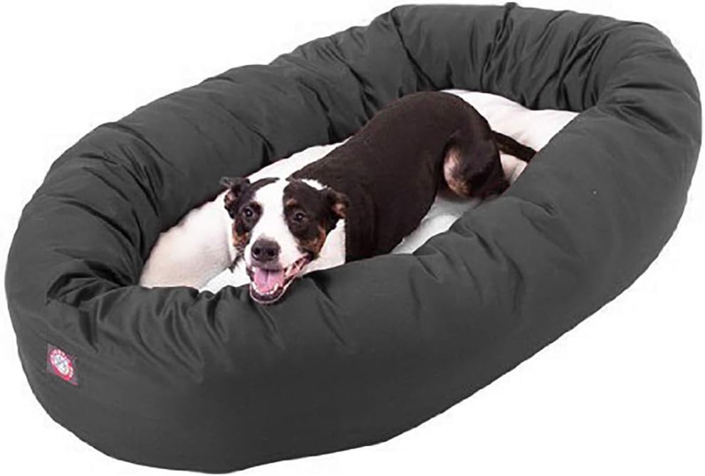 Majestic Pet 40 Inch Poly-Cotton Sherpa Calming Dog Bed Washable – Cozy Soft Round Dog Bed with Spine for Head Support - Fluffy Donut Dog Bed 40x29x9 (inch) – Round Pet Bed Large - Gray