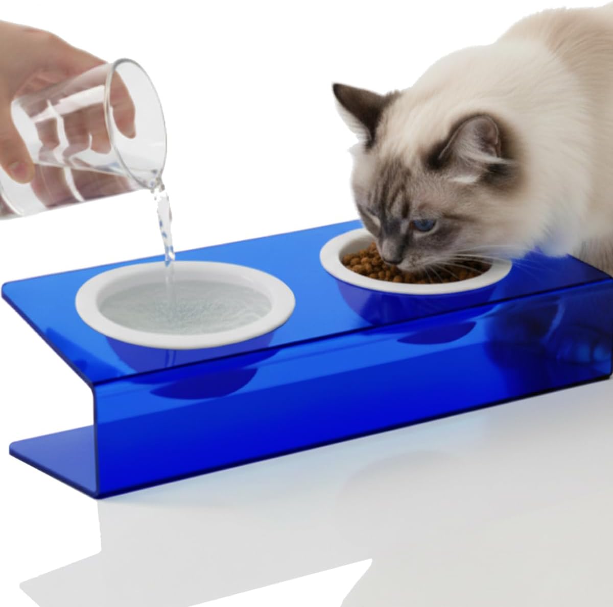 Elevated Cat Bowls Set for Indoor Cats, Blue Acrylic Stand with 2 Ceramic Bowls for Food and Water, 15° Tilted Design for Anti-Vomiting & Ant Proof