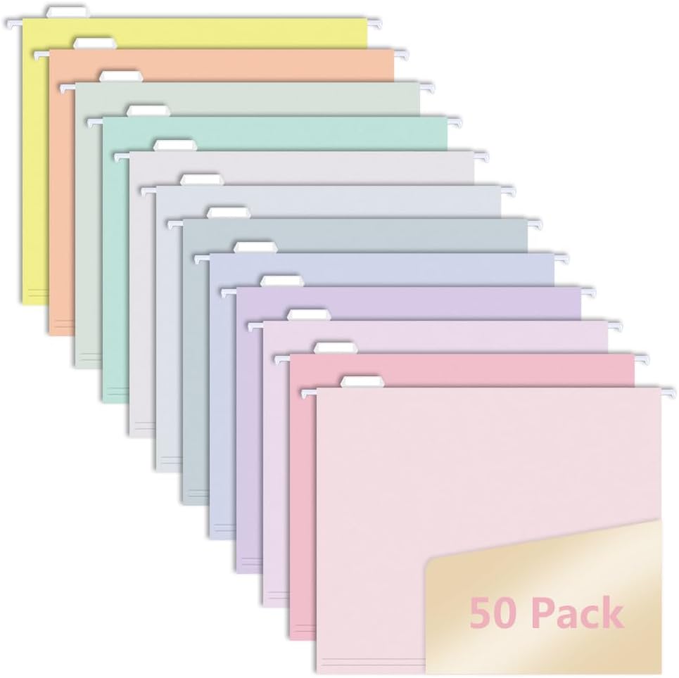 50pcs MagDurnus Hanging File Folders, Pastel Color Design,Letter Size with 1/5 Adjustable Cut Tabs, Assorted 12 Styles,Decorative,Drawer,Desk and Cabinet Use