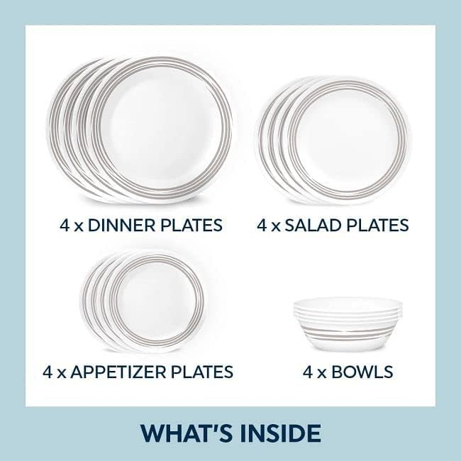 Corelle Brushed Silver 16pc, Service for 4, Dinnerware Set, 12 plates 4 bowls, Chip & Break Resistant, Dinner Plates and Dinner Bowls, Corelleware Plates