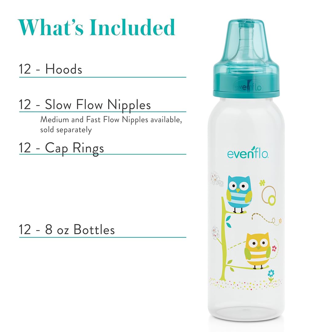Evenflo Feeding Classic Prints Polypropylene Bottles for Baby, Infant and Newborn - Blue/Green/Teal, 8 Ounce (Pack of 12)