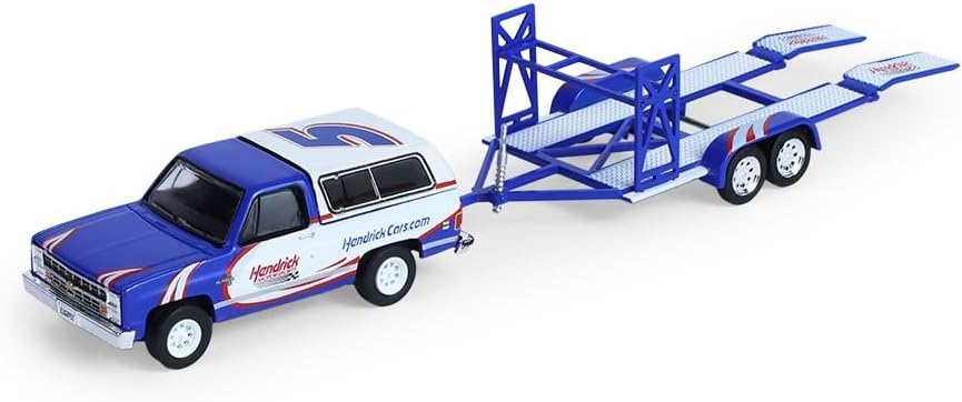 Greenlight Collectibles 1:64 Racing Hitch & Tow Series 6-1986 Chevy K5 Blazer Silverado and 1969 Camaro – Hendrick Motorsports – Kyle Larson #5 First Win Tribute on Tandem Car Trailer 31190-C