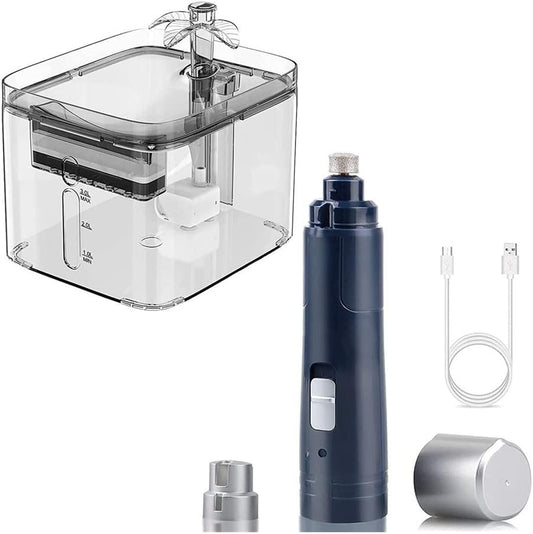 Pet Fountain 3L Clear Cat Water Fountain and Rechargeable 2 Speed Dog Nail Grinder Pet Water Dispenser