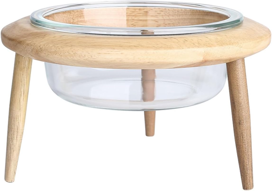 Milisten Glass Raised Pet Bowl with Wooden Stand 17.8cm 800ml Non-Spill Water Feeder and Food Dish for Cats and Dogs Elevated Feeding Supplies