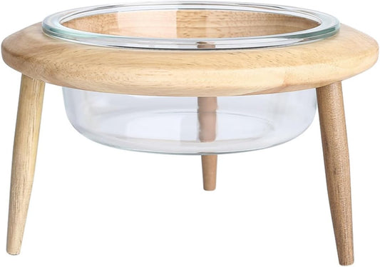 Milisten Glass Raised Pet Bowl with Wooden Stand 17.8cm 800ml Non-Spill Water Feeder and Food Dish for Cats and Dogs Elevated Feeding Supplies