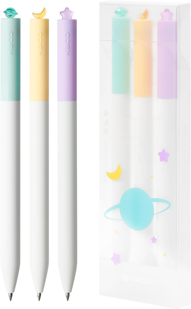 Kaco FIRST Gel Pens Cute Stationery Black Ink 3 Pieces, 0.5 mm Fine Point, Aesthetic Cute Star Pens for Journaling (Planet Series)