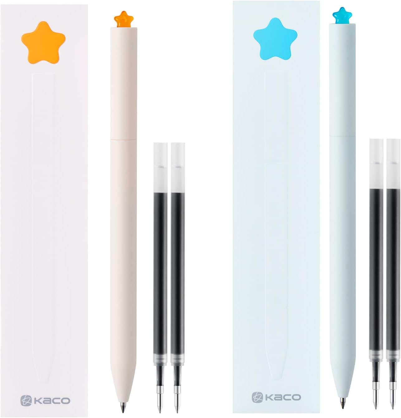 Kaco FIRST Gel Pens Cute Stationery Black Ink 2 Pieces with Extra 4 Refills, 0.5 mm Fine Point, Aesthetic Cute Star Pens for Journaling