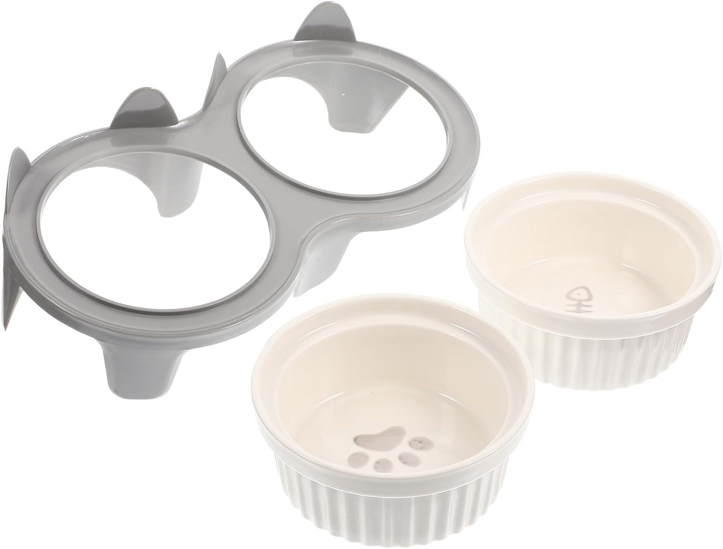 FAVOMOTO Ceramic Cat Feeding Bowl Set Elevated Tilted Double Bowls with Thick Gray Ceramic and Sturdy Stand for Whisker Relief Household Pet Feeding Supplies