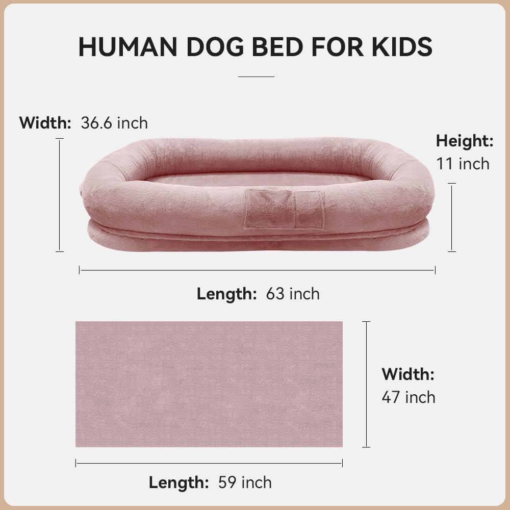 Human Dog Bed 63”x36.6”x11” Large Dog Bed with Raised Cushioned Rim, Removable Cover, Waterproof Lining and Bonus Blanket; Washable-Luxury Fluffy Nap Bed (63"x36.6"x11", Pink)