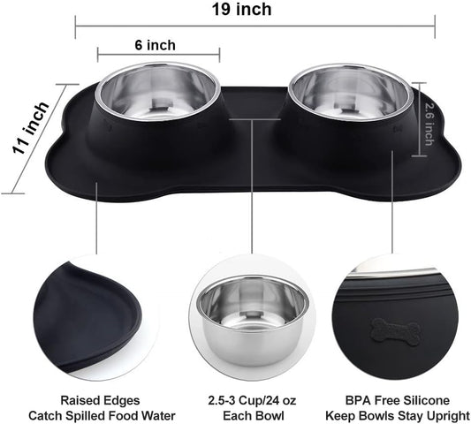 Pet Deluxe Dog Bowls Stainless Steel Dog Bowl with No Spill No Skid Silicone Mat, 24/48 oz Dog Food and Water Bowl Set Double Dog Feeder Bowl Dog Dish for Small Medium Large Sized Dogs Cats Puppy