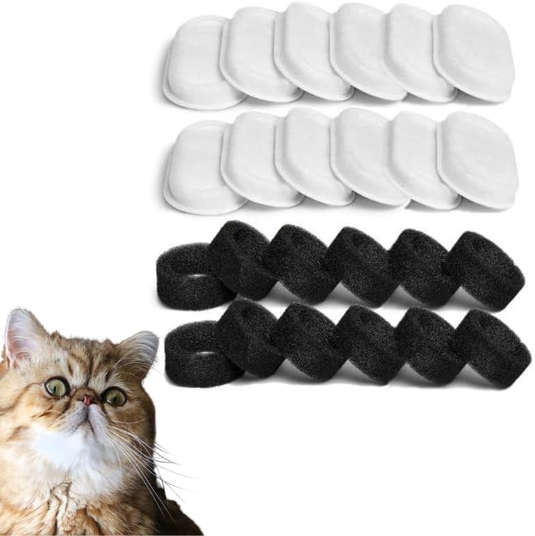 Cat Water Fountain Filters,12 Filters with 12 Sponges- Replacement Filters for Stainless Steel Cat Water Fountain PLWF003 & PLWF006