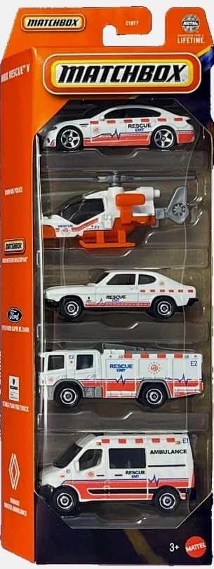 Matchbox MBX Rescue V 5 Pack [BMW M5 Police, Mission Helicopter, 1970 Ford Capri RS 2600, Scania P360 Fire Truck, Renault Master Ambulance] 1:64 Scale Diecast Toy Vehicles