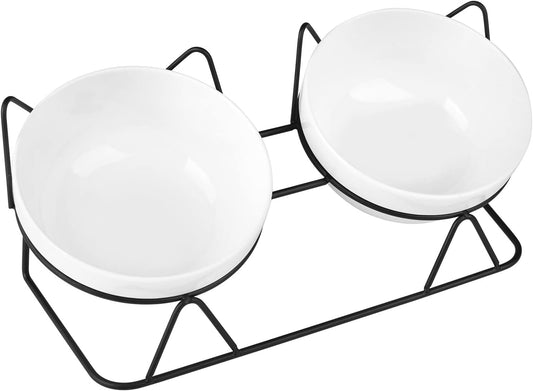 Cat Bowls, Double Ceramic Pet Bowls with 15°Tilted Raised Stand for Food and Water, Anti Vomiting Dish Feeder, Perfect Puppy Cats Small Dogs(Black Stand), LLNVBP1966