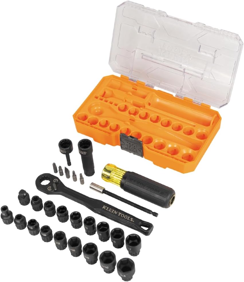 Klein Tools 65400KNECT KNECT Essential Pass Through Impact Socket Set, SAE and Metric, 90-Tooth Ratchet, MODbox Case, 3/8-Inch Drive, 28-Piece