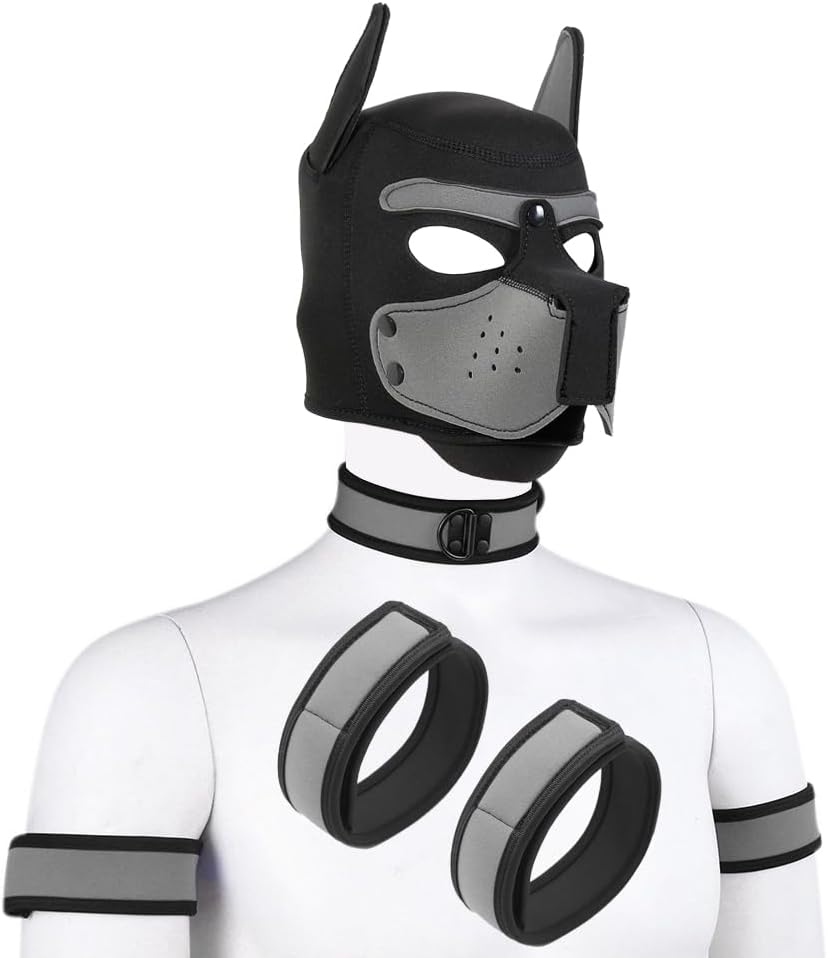 Neoprene Puppy Hood Mask Removable Halloween Dog Head Hood Costume Accessory (Gray, Mask Collar&Armand)