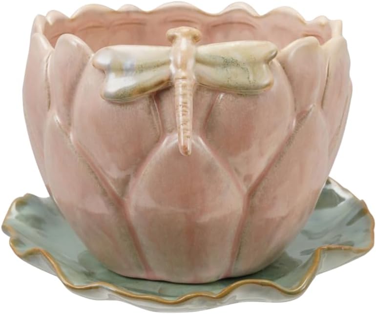 Creative Co-Op Stoneware Flower Shaped Planter with 3D Dragonfly and Leaf Saucer in Reactive Glaze, Multicolor