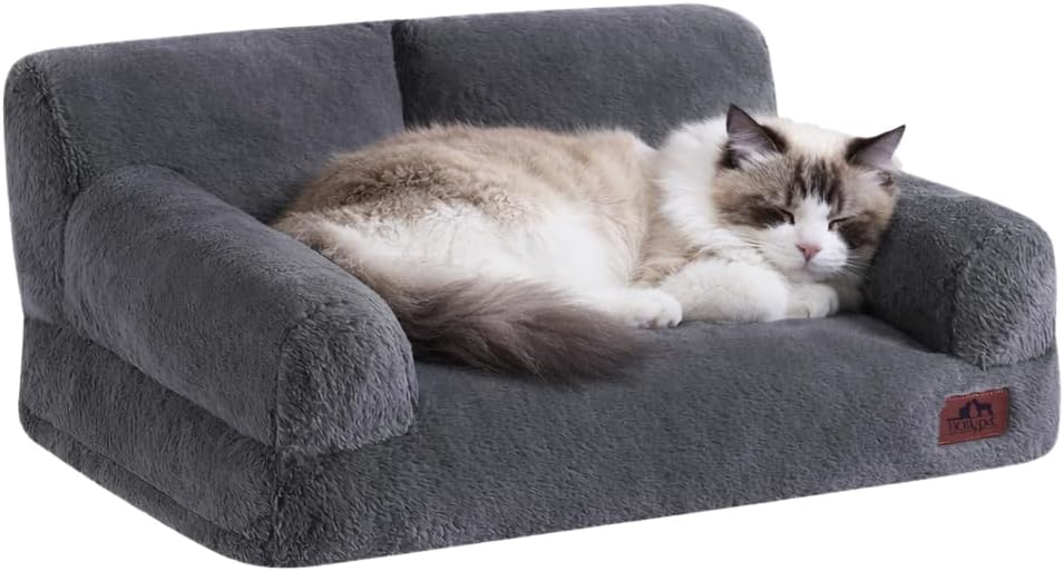 Hollypet Fluffy Dog Cat Bed Pet Couch Beds Plush Soft Warming Washable Puppy Bed for Small Medium Dogs and Large Cats, Gray, 24" L x 18" W x 10" Th