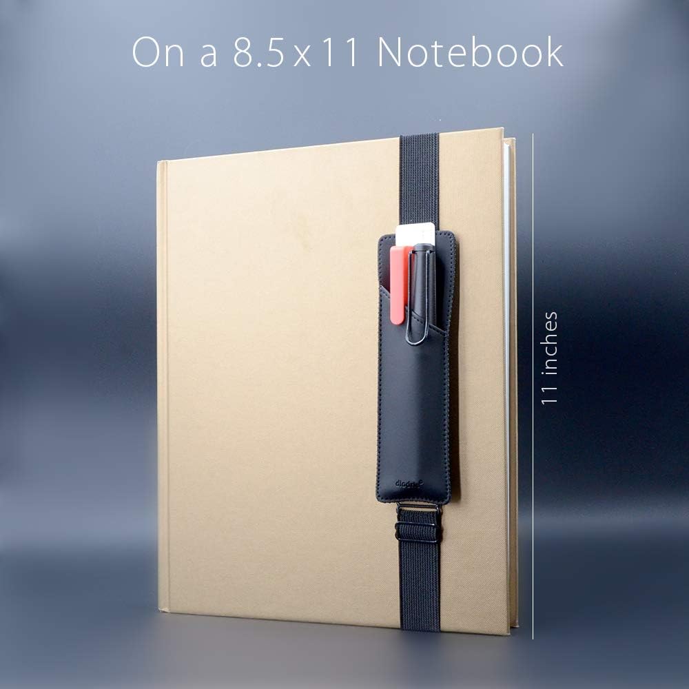 Adjustable Elastic Band Pen Holder, Pencil Holder, Pen Sleeve Pouch for Hardcover Journals, Notebooks, Planners, Binders, Fit Notebooks from 8" to 11” in Height, PU Leather, Detachable, Black
