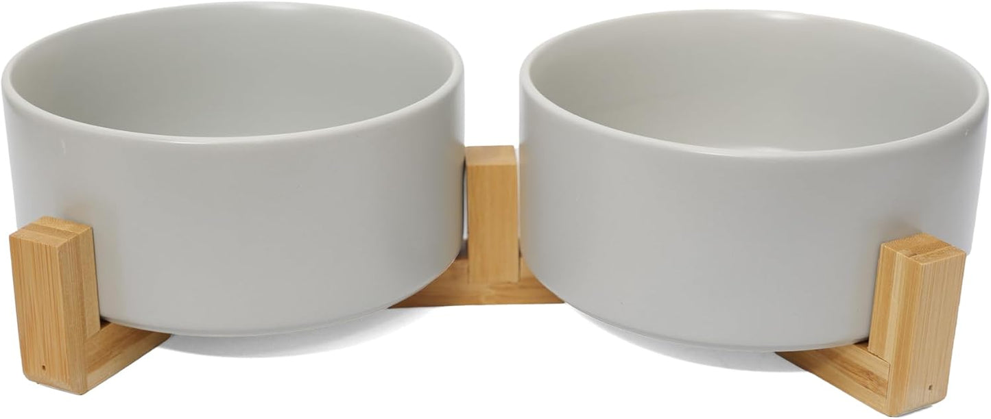 Dog Food Bowl, 13.5 oz Ceramic Food and Water Bowls for Dogs, Pet Dishes Set with Wood Stand, for Small Size Dog and Cat, No Spill Feeding Station with Weighted Base, Grey