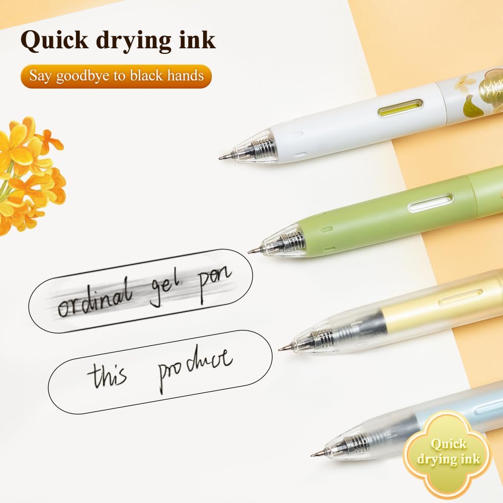 M&G Gel Pens, 4 PCS Black Gel Pens Fine Point 0.5mm, Quick Drying Retractable Gel Ink Rollerball Pens, Cute Gel Ink Pens with Flower for Smooth Writing Office School Gift Women Men