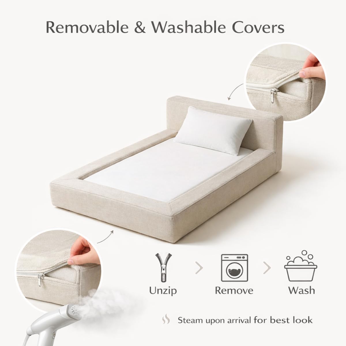 Mini Cloud Bed - Removable and Washable Covers - Toddler Baby Pet Dog Cat Nursery - Upholstered Minimalist Modern Luxury (Cream Boucle, Small)