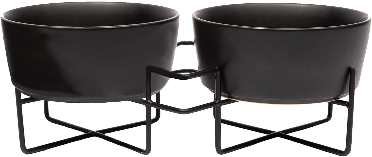 Waggo Simple Solid Ceramic Dog Bowl and Stand - Double Pet Feeder, Small, Black