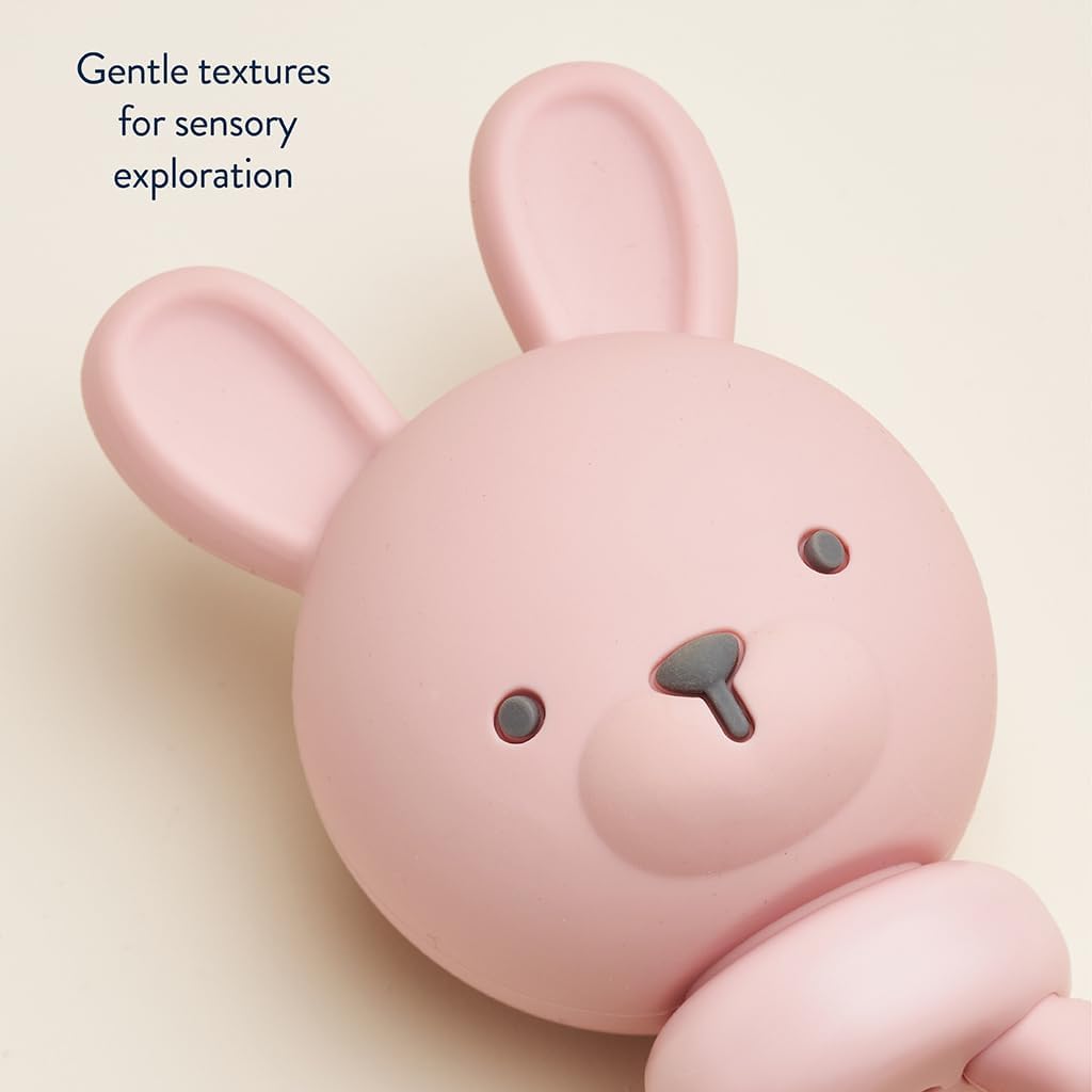 Itzy Ritzy Silicone Rattle Toy – Soothing Teething Toy with Soft Jingle Sound & Easy-Grip Textured Handle - for Ages 3 Months and Up (Bunny)