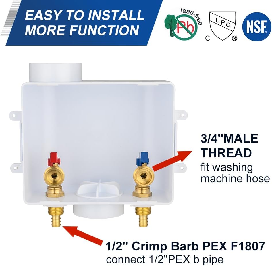 EFIELD Universal Washing Machine Outlet Box, 1/2-inch Pex Crimp Inlet x 3/4 inch MHT Outlet Connection, Center Drain,(WM048)